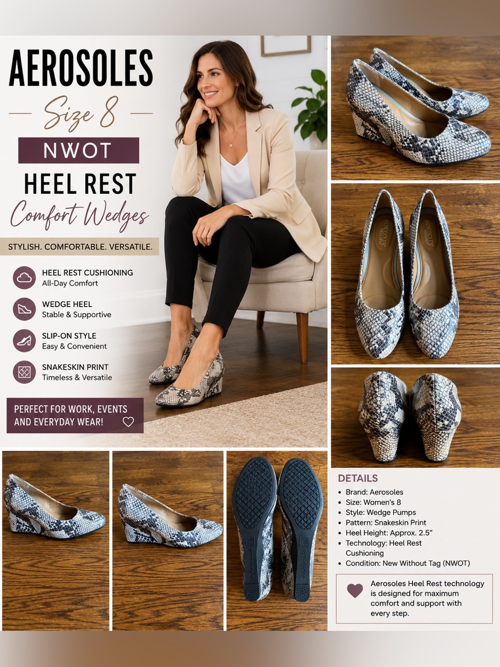 Aerosoles Heel Rest Snakeskin Print Wedge Pumps Size 8 NWOT Comfort Heels